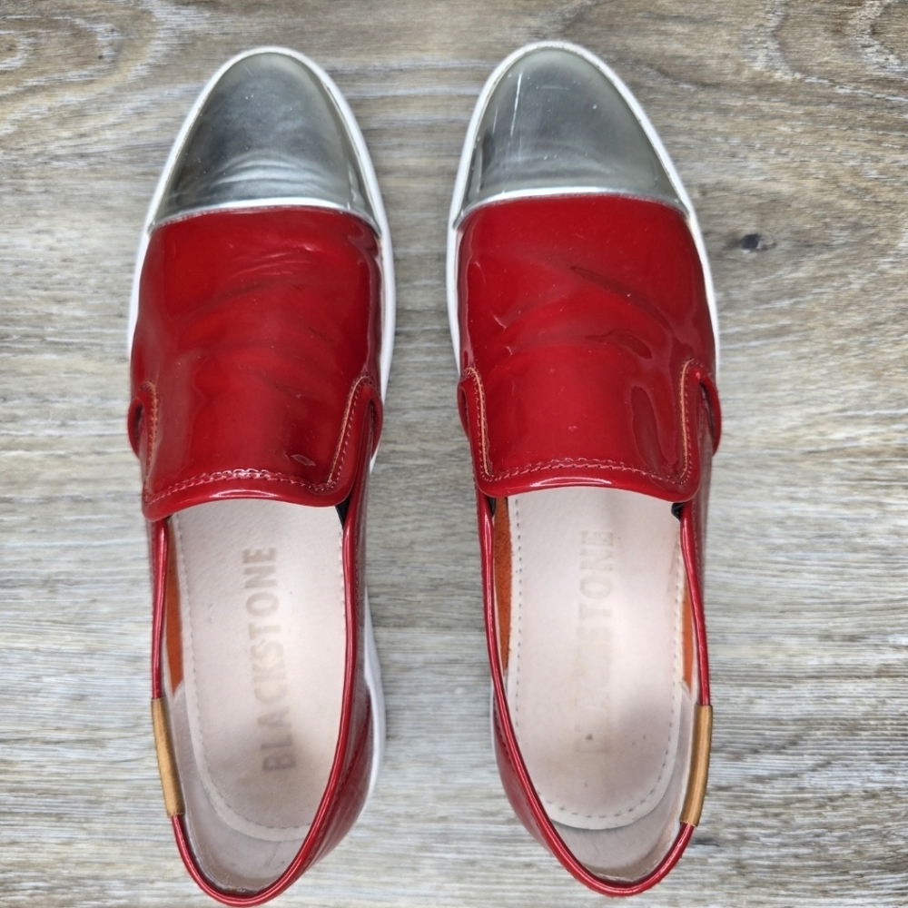 Blackstone Women's Red and Silver Patent Leather Slip-On Shoes Size 39